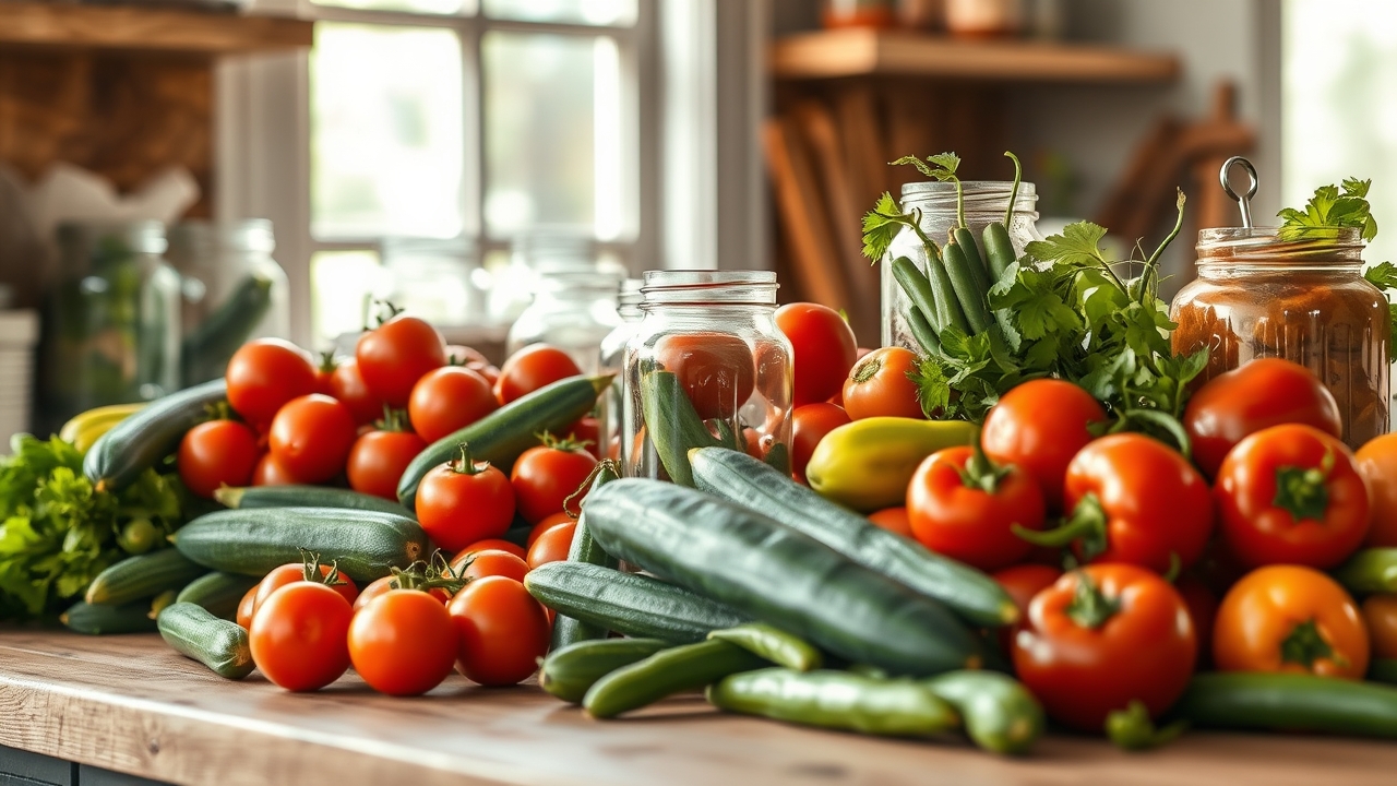 A kitchen counter covered with a summer vegetable harvest — tomatoes, zucchini, cucumbers, beans and peppers — beside glass jars ready for preserving