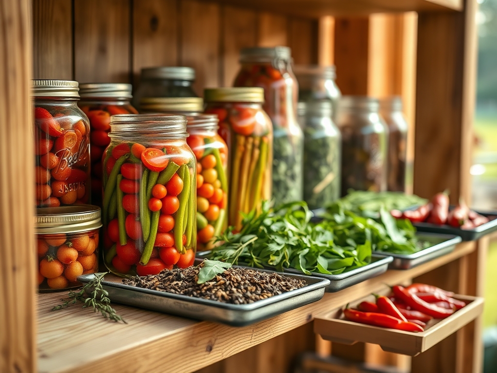 Glass jars of home-canned tomatoes and beans beside trays of dried herbs and peppers on a wooden shelf