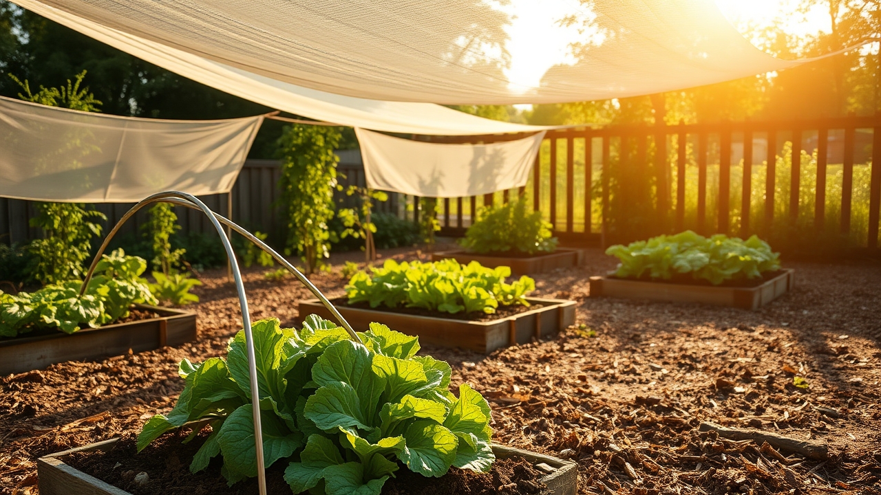A backyard vegetable garden under bright intense summer sun with shade cloth protecting some beds