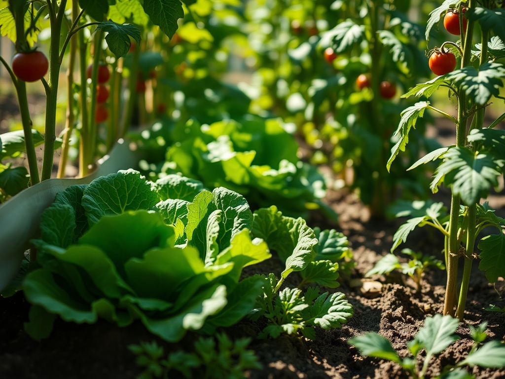 Lettuce and leafy greens growing in the cooler shade beneath taller plants in a summer garden