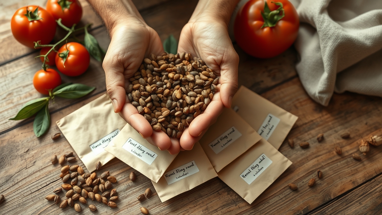 Hands holding dried bean seeds over labeled paper envelopes on a wooden table with tomatoes and seed packets nearby