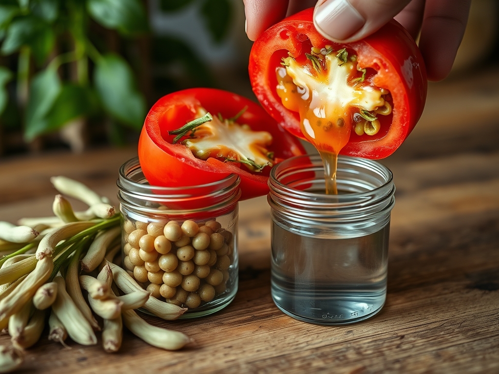 A ripe tomato cut open with seeds being squeezed into a small glass jar for fermenting, next to drying bean pods