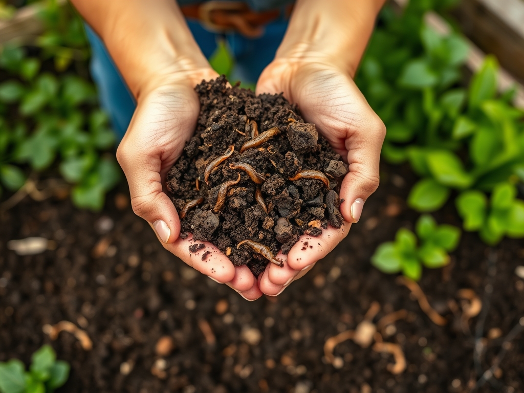 Hands holding dark compost-rich garden soil with earthworms, showing healthy living soil