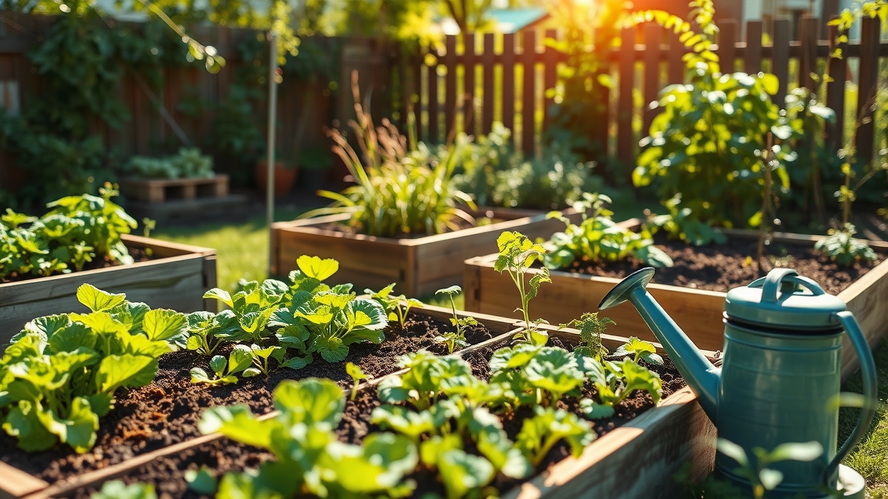 A beginner's backyard vegetable garden with raised beds of young greens and herbs in morning sunlight