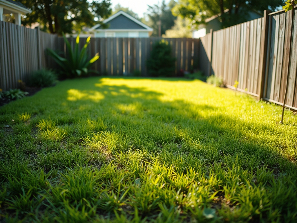 A sunny open corner of a suburban backyard beside a fence, ready for a new garden bed