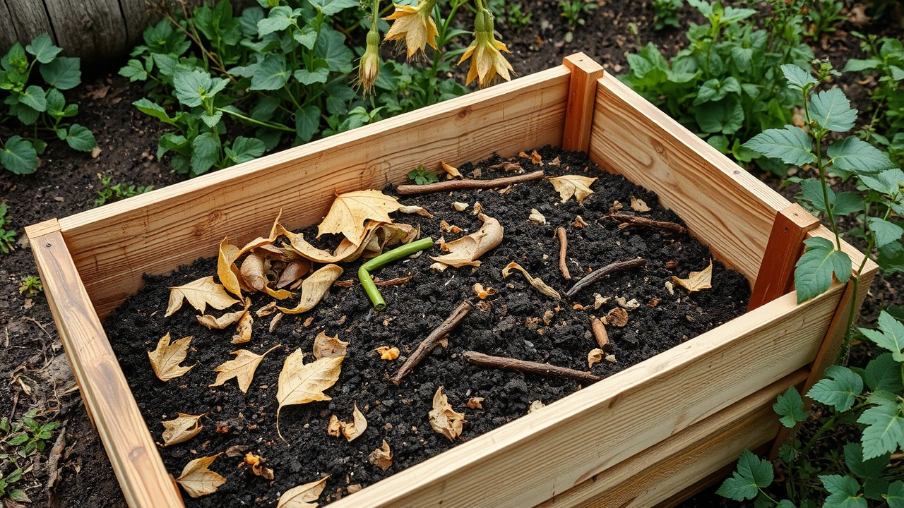 A backyard compost bin filled with kitchen scraps and garden waste breaking down into dark rich soil