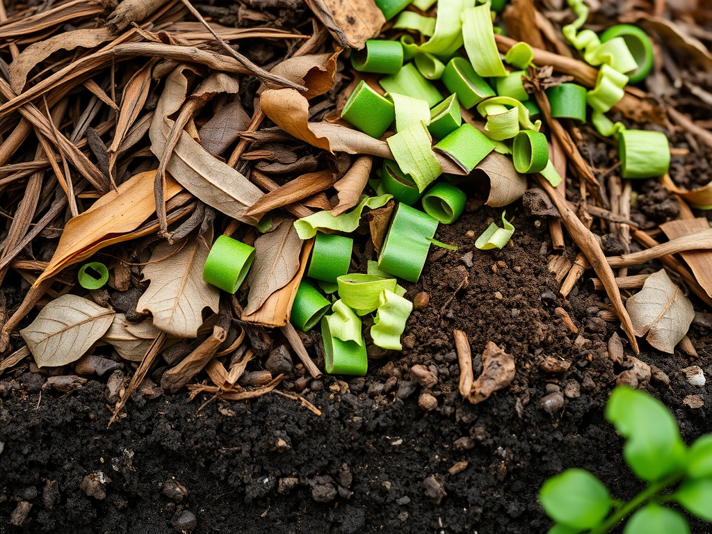 Layers of brown leaves and green kitchen scraps in a compost pile showing the composting process
