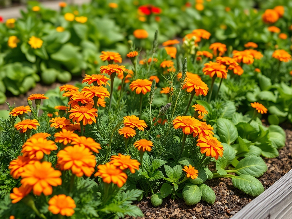 Marigolds and flowering herbs planted among vegetables to attract beneficial insects