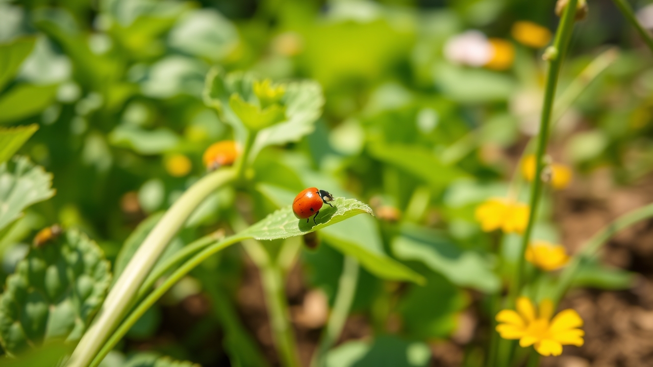 A healthy thriving vegetable garden with ladybugs and bees among the leaves in summer light