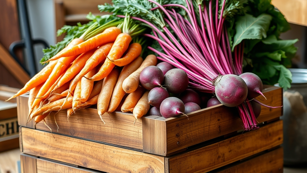 A wooden crate filled with layers of damp sand and fresh unwashed carrots and beets being packed for winter storage, rustic garage setting, warm practical light