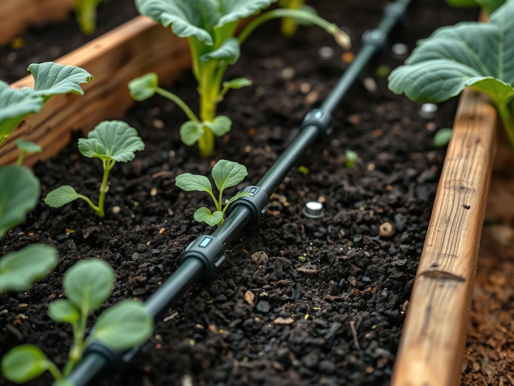 A drip irrigation line running along the base of plants in a raised garden bed