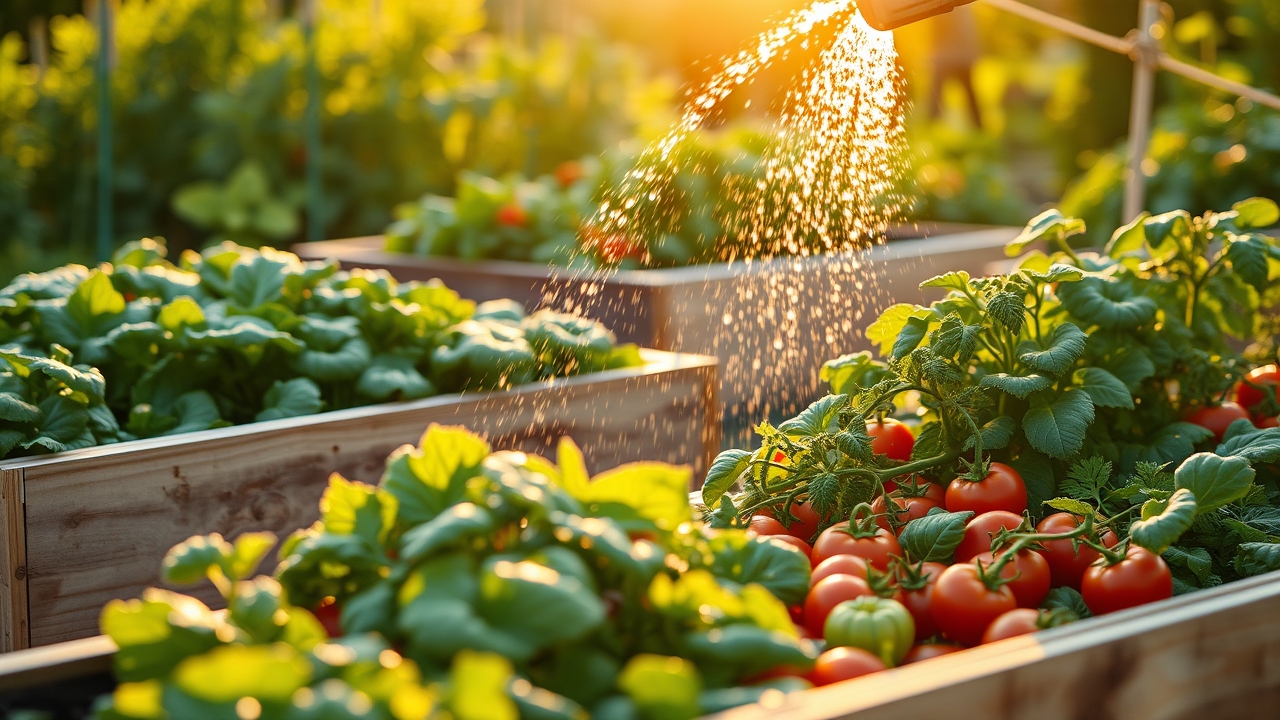 A backyard vegetable garden being watered in the soft golden light of early morning