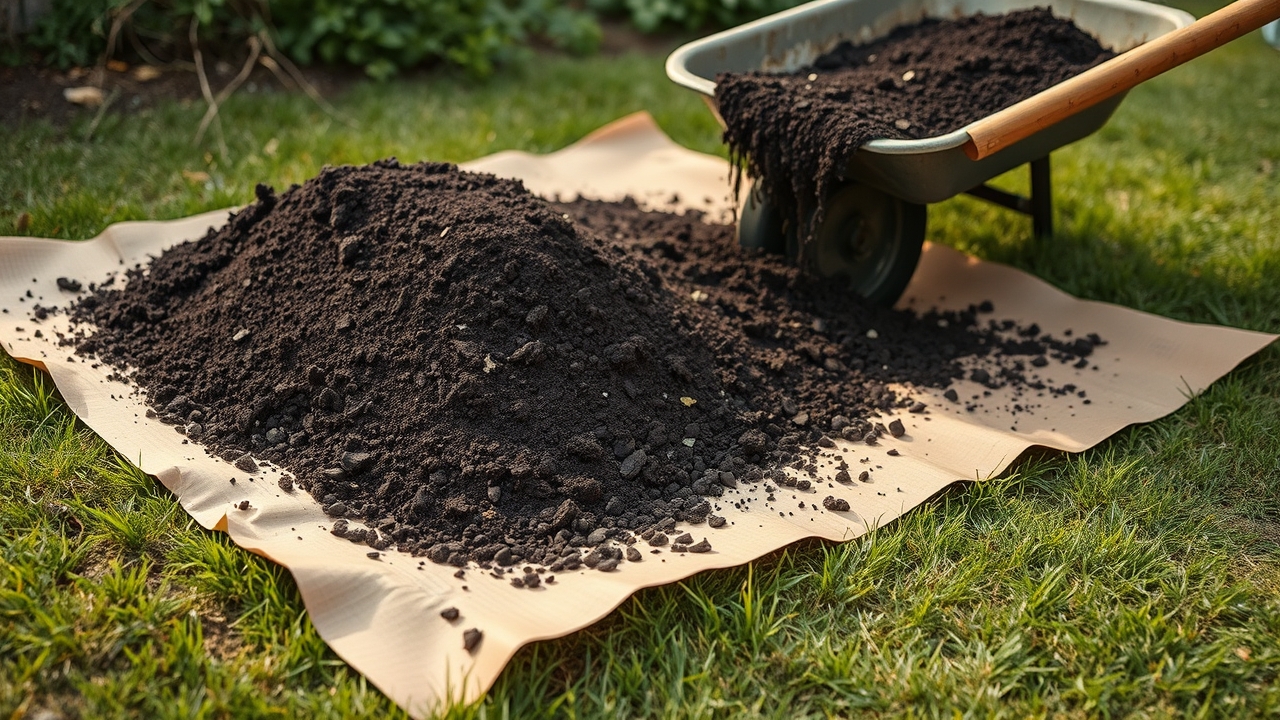 Layers of cardboard and dark compost being spread over grass to build a no-dig garden bed, backyard scene, honest DIY method