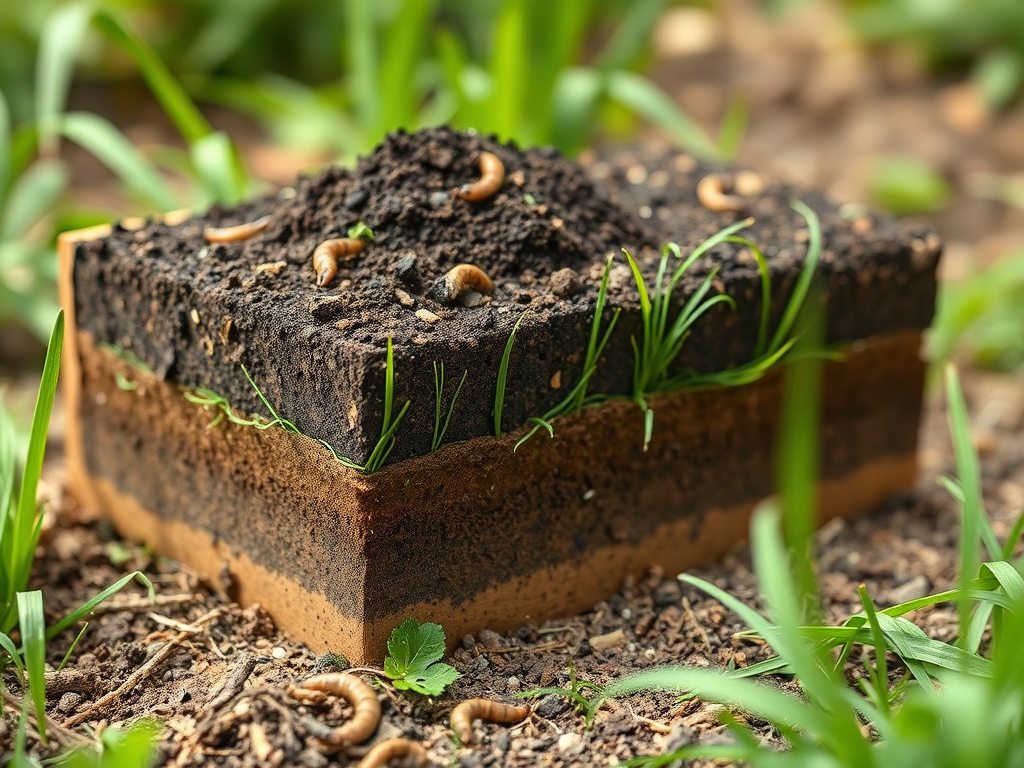Cross-section view of a no-dig bed showing compost layer over decomposing cardboard over old grass, with worms working the boundary