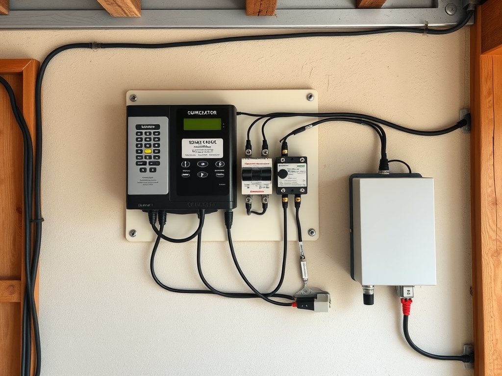A neat DIY solar component board on a garage wall - charge controller, fuses, battery box and inverter with tidy wiring, honest homestead installation, no text