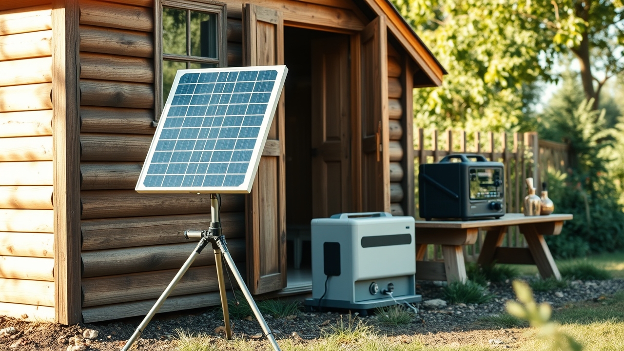 A small off-grid solar setup beside a garden shed - one solar panel on a stand connected to a compact power station, tidy honest homestead scale, afternoon light