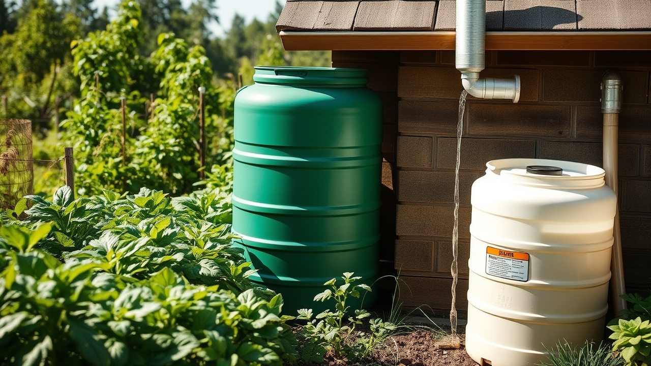 A homestead rainwater harvesting setup with barrels collecting water from a roof downspout beside a vegetable garden