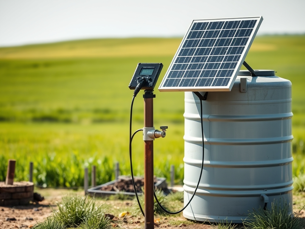 A solar-powered well pump and water storage tank on a rural homestead property