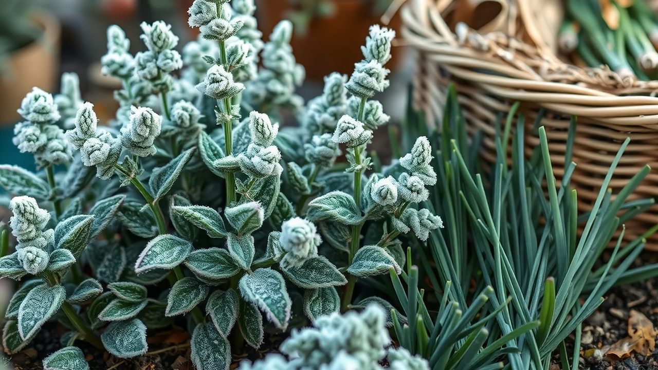 A frost-touched herb garden in late autumn with hardy green sage and thyme beside cut-back chives, straw mulch ready in a basket, soft cold morning light
