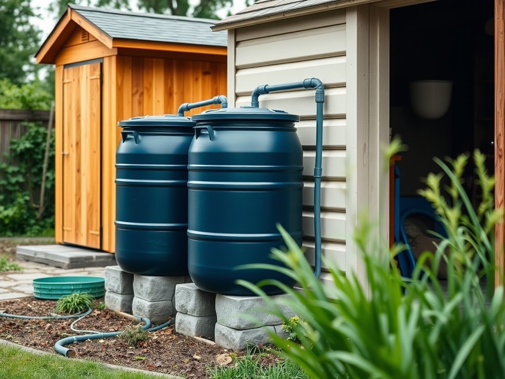 A row of connected dark rain barrels on a concrete block stand beside a garden shed, linked with overflow hoses, practical multi-barrel setup