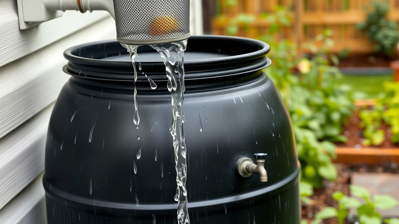 Rain flowing from a downspout through a screened diverter into a large rain barrel beside a house, vegetable garden in the background, honest homestead water setup