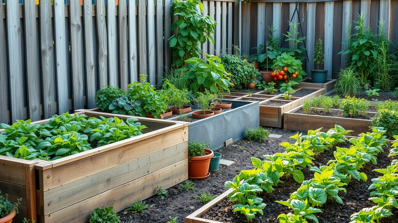 Three vegetable garden styles side by side - a wooden raised bed, pots on a patio, and an in-ground plot