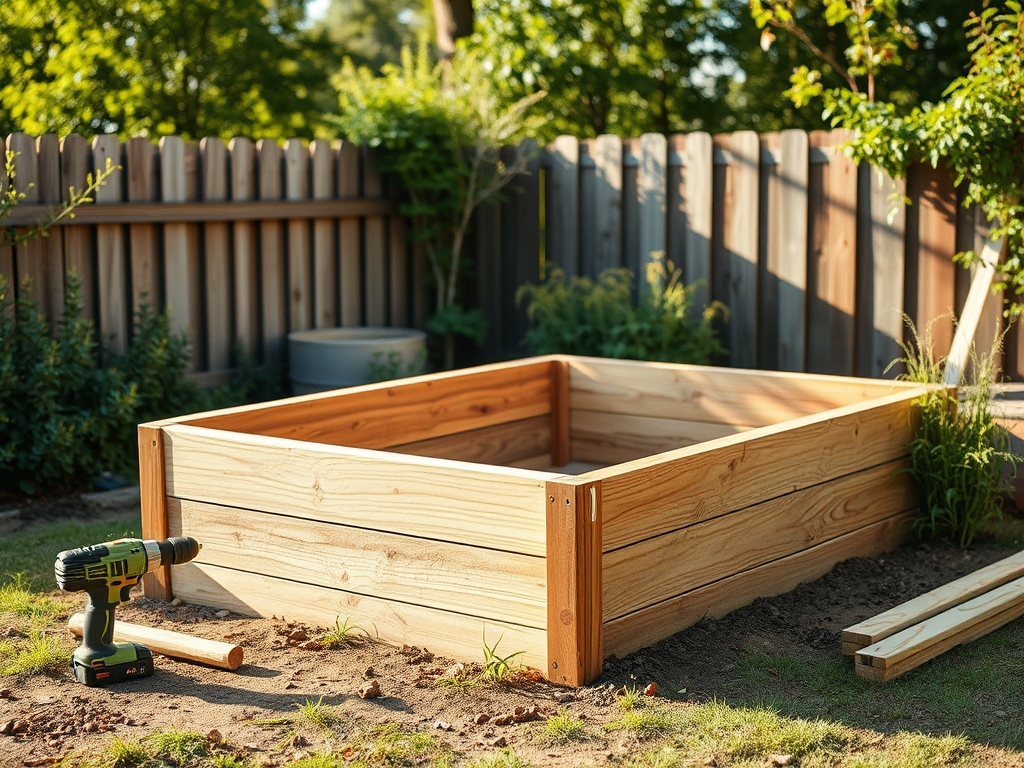 A wooden raised garden bed frame being built in a backyard with basic tools - a genuine weekend beginner project