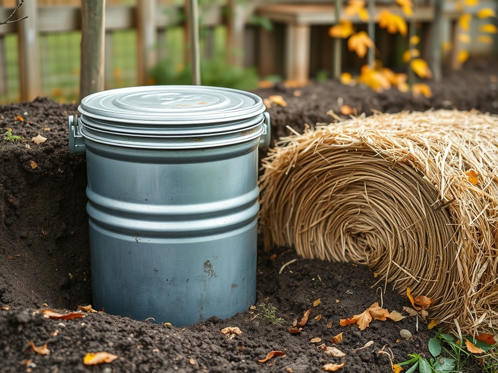 A metal trash can buried in garden soil up to its lid with straw insulation on top, simple DIY backyard root cellar, autumn scene