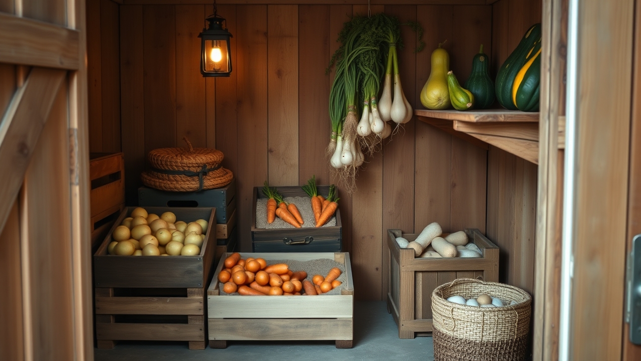 A garage corner storage setup with wooden crates of potatoes, carrots in a sand box, and winter squash on a shelf, cozy practical harvest storage