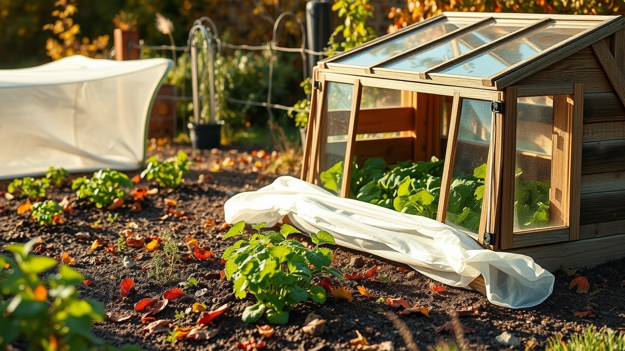 A fall garden bed under a low tunnel of white row cover fabric beside a wooden cold frame with an old window lid, autumn light