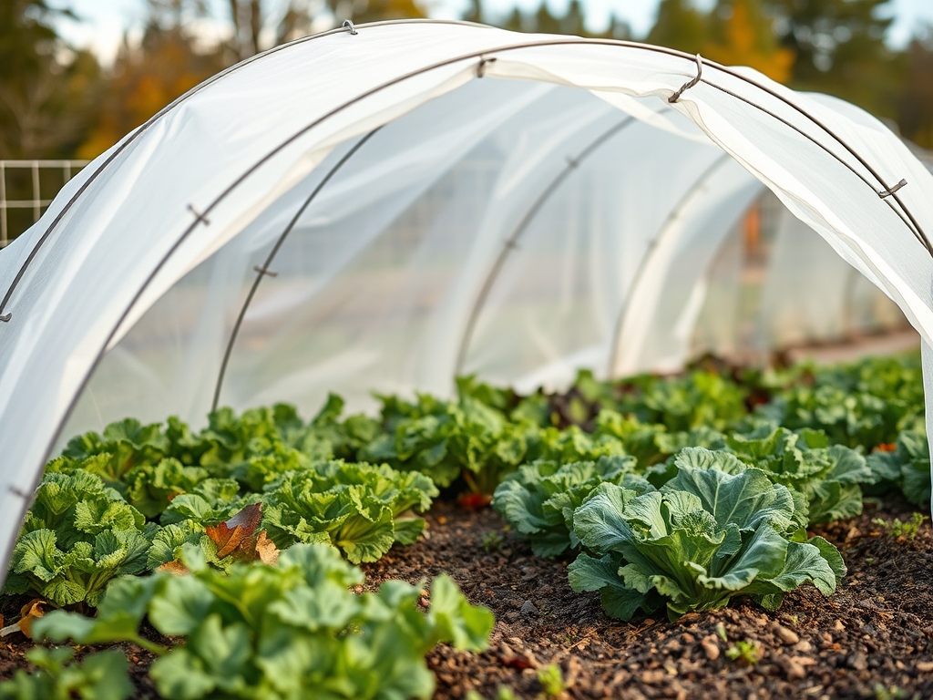 Low tunnel hoops of white fabric over a garden bed with healthy greens visible at the open end, late autumn garden