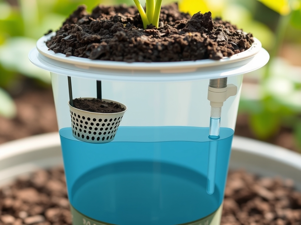 Cutaway view of a self-watering bucket showing soil column, wicking cup reaching into the water reservoir below, fill tube and overflow hole, educational diagram style