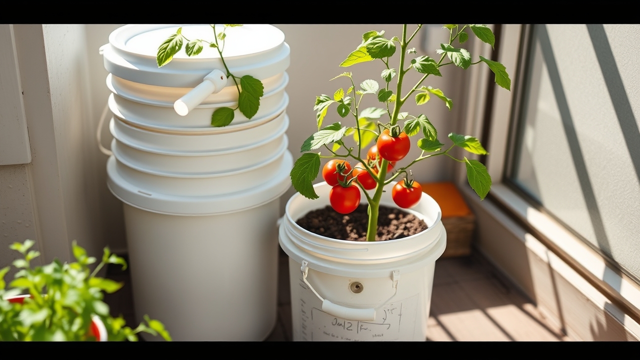 A DIY self-watering container made from two nested five-gallon buckets with a fill tube, healthy tomato plant growing on a sunny patio, honest homestead build