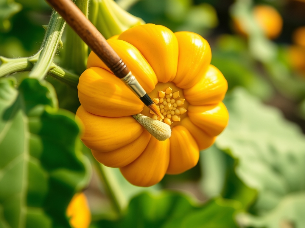 Close-up of squash flowers with a small paintbrush hand-pollinating, morning light in a vegetable garden