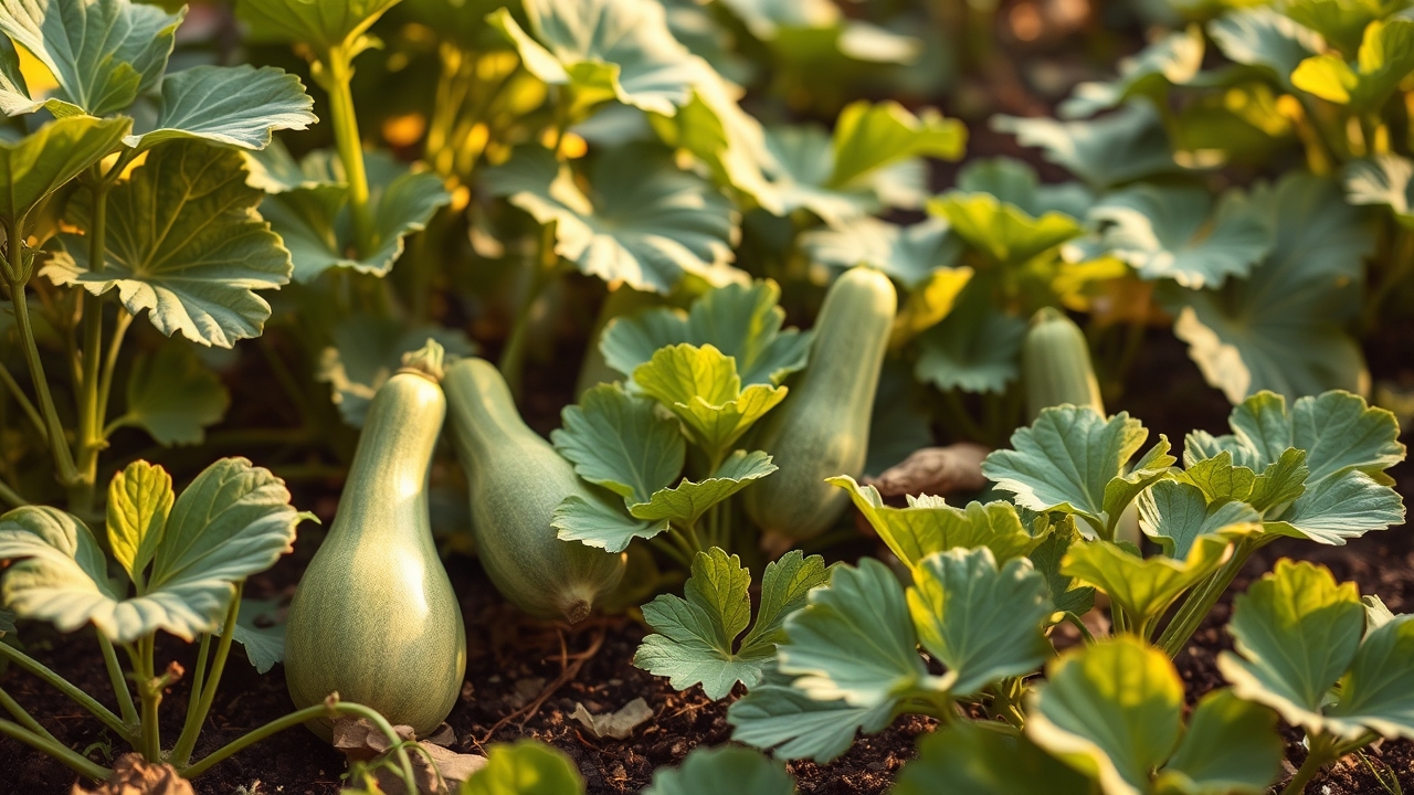 A backyard garden bed with large squash and cucumber plants, some healthy leaves and some wilting, in late summer light