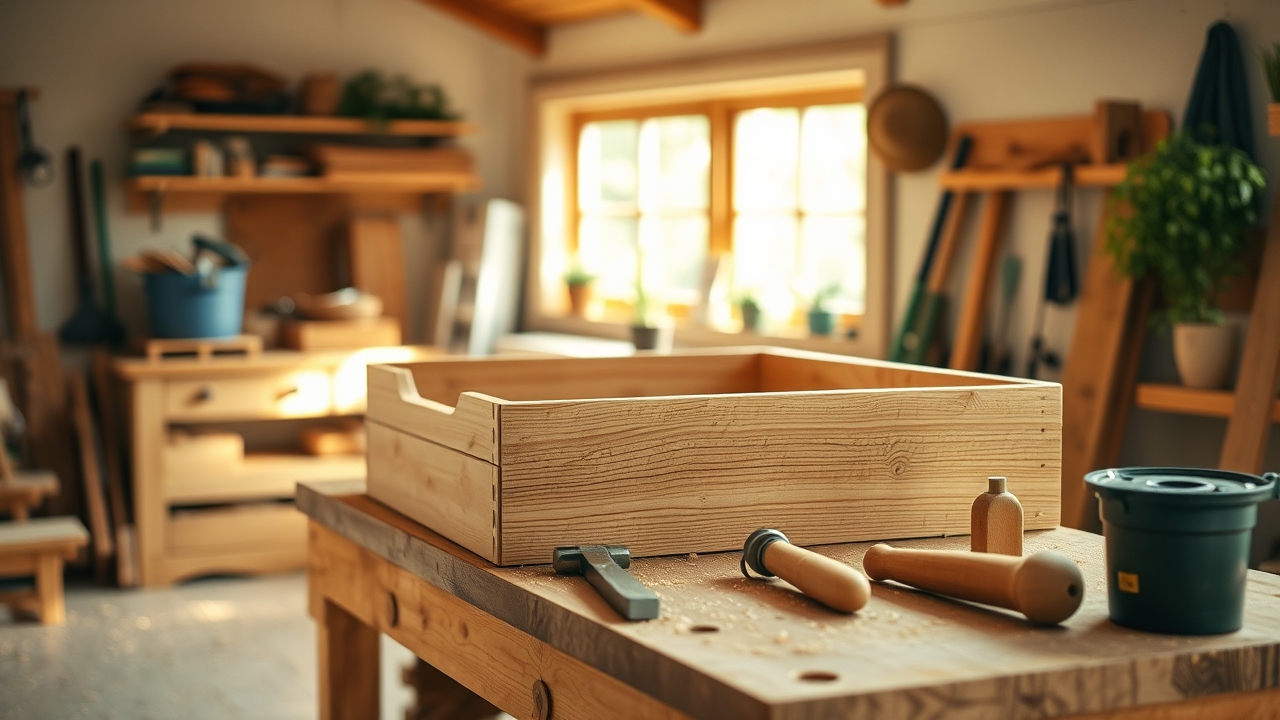 A home woodworking workshop with a partly-built wooden raised garden bed and hand tools in warm natural light