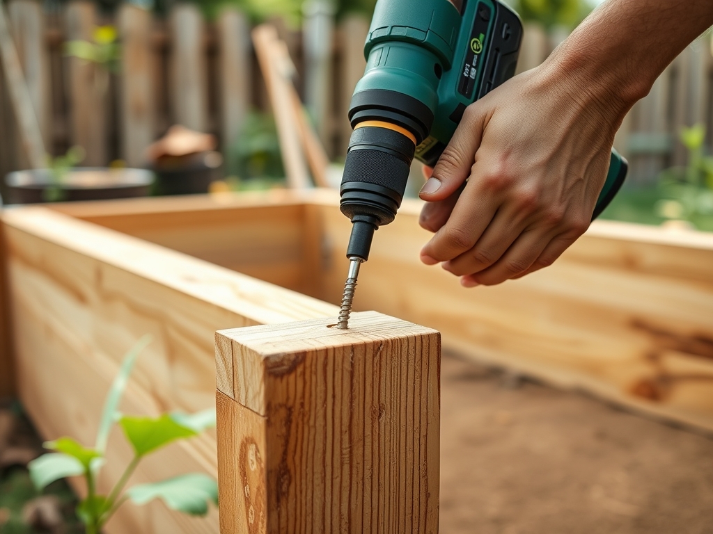Hands assembling a cedar raised garden bed with a drill and wood screws in a backyard