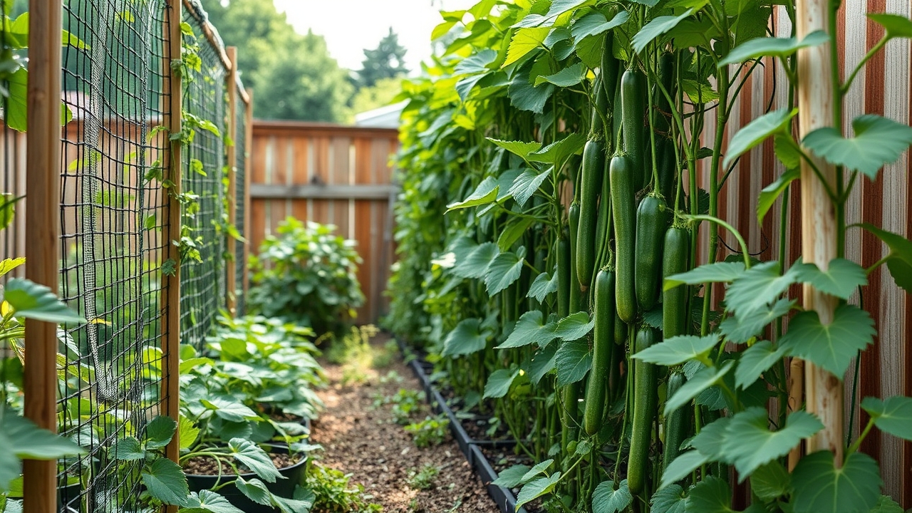 A small backyard garden with cucumbers and pole beans climbing a sturdy trellis and an arch, dense and productive, morning light