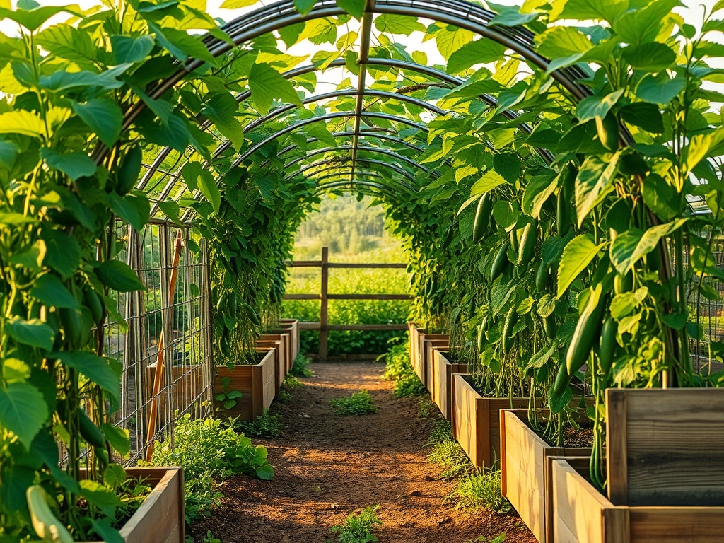 A cattle panel arch tunnel between two raised beds covered in climbing beans and cucumbers, food growing overhead