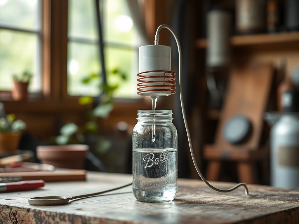 A small DIY condensation water collector with coils and a collection jar on a garage workbench, modest realistic build