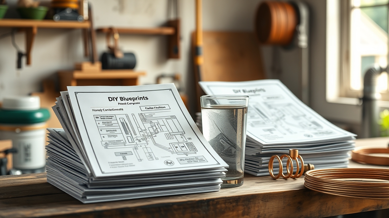 Two stacks of printed DIY blueprints beside a glass of clear water and condensation coils on a workbench, honest comparison scene