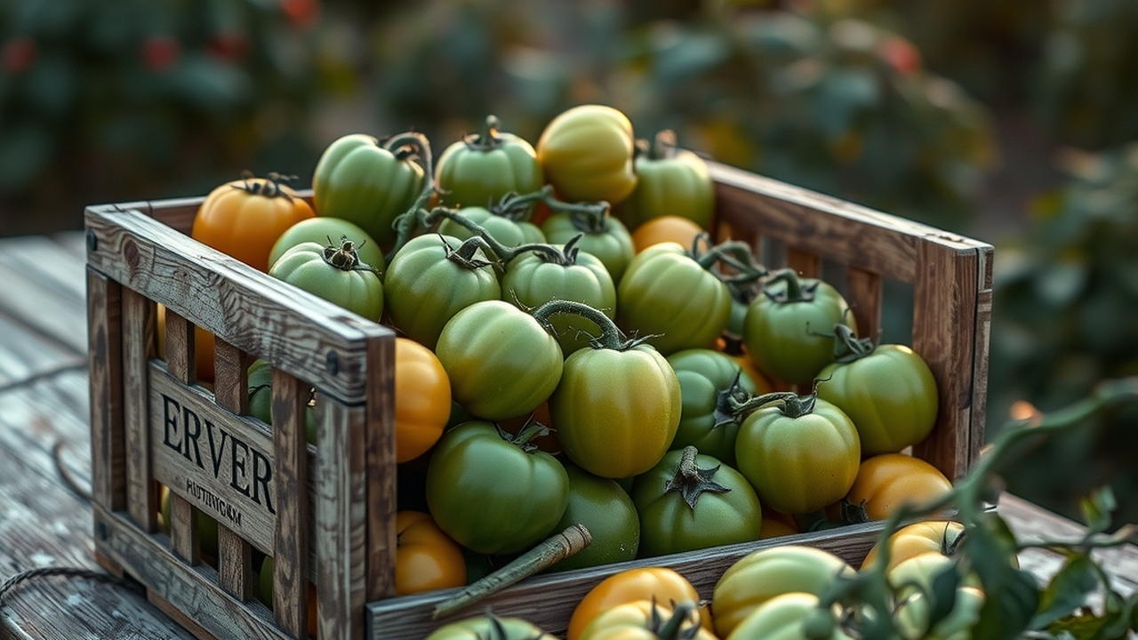 A wooden crate filled with green tomatoes of various sizes on a garden table at dusk, first-frost evening light, honest harvest triage scene