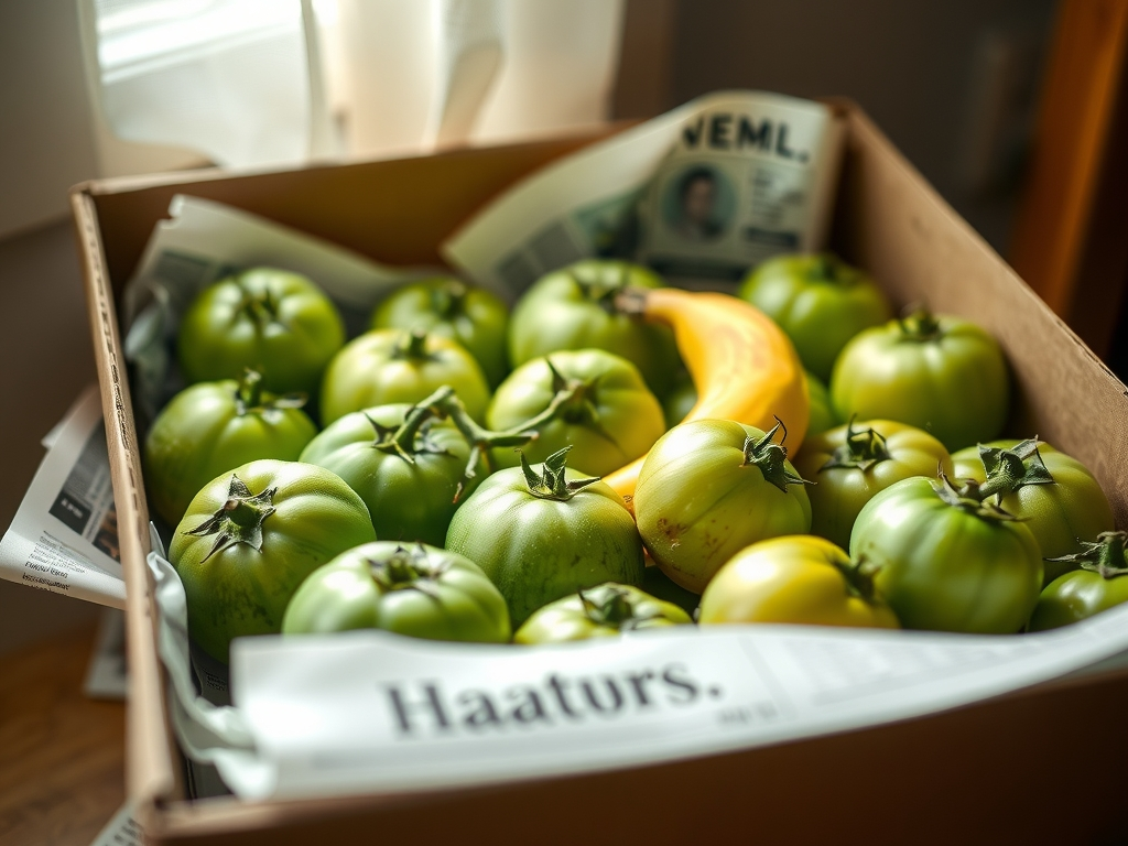 Green tomatoes ripening in a cardboard box between sheets of newspaper with a ripe banana tucked among them, practical indoor ripening setup, warm light
