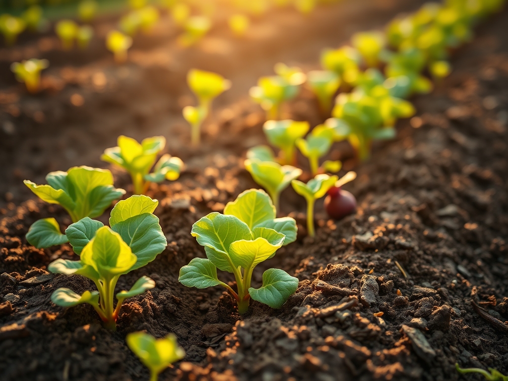 Young kale, lettuce and beet seedlings growing in a refreshed garden bed in late summer