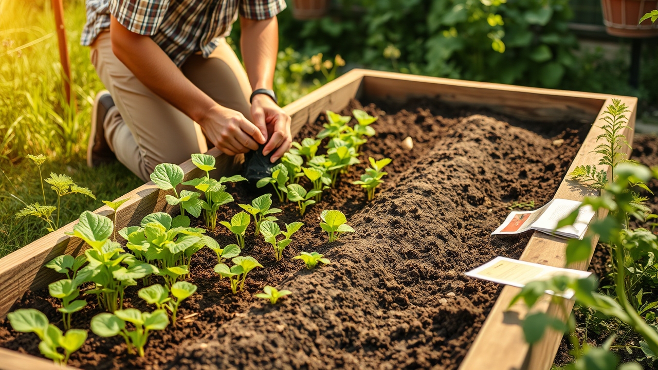 A gardener replanting a summer vegetable bed with young seedlings for fall, raised beds in warm July light