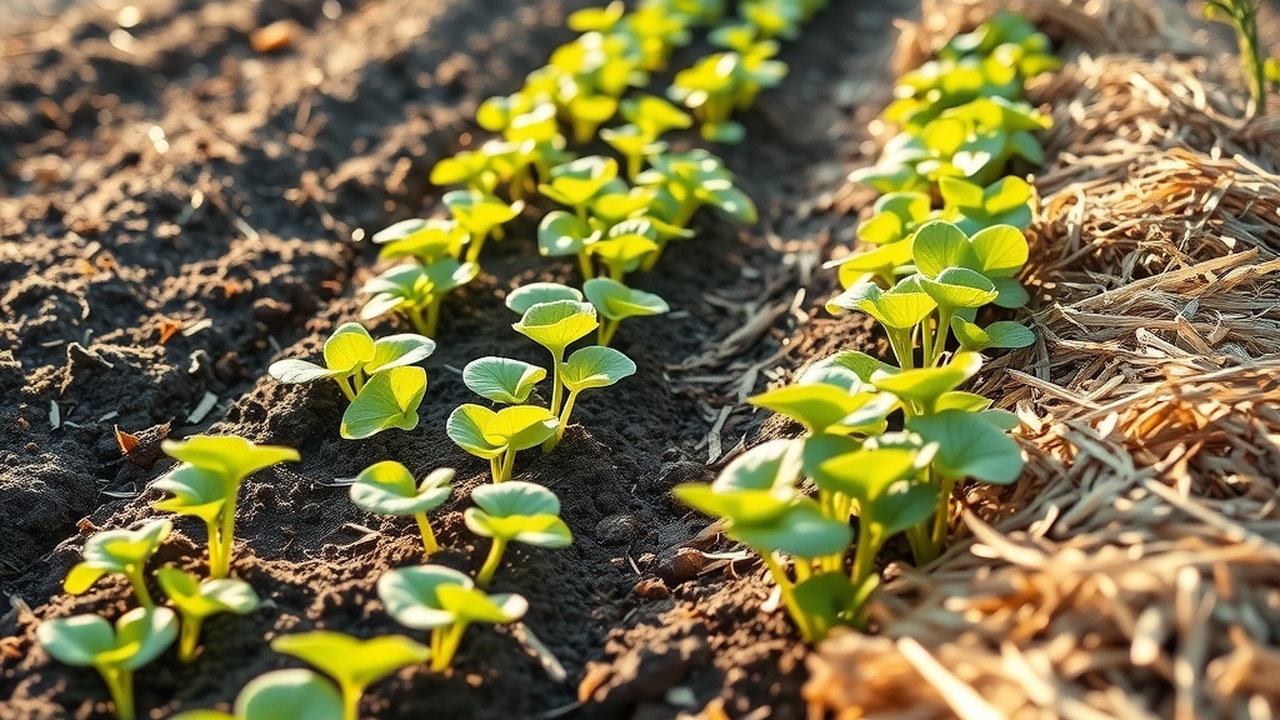 A September vegetable garden with young rows of greens and radishes beside beds being prepared with garlic cloves and straw, golden early-autumn light