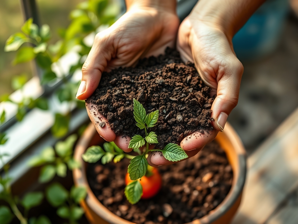 Hands holding dark crumbly worm castings over a container garden pot, rich coffee-ground texture, the premium finished product, warm light