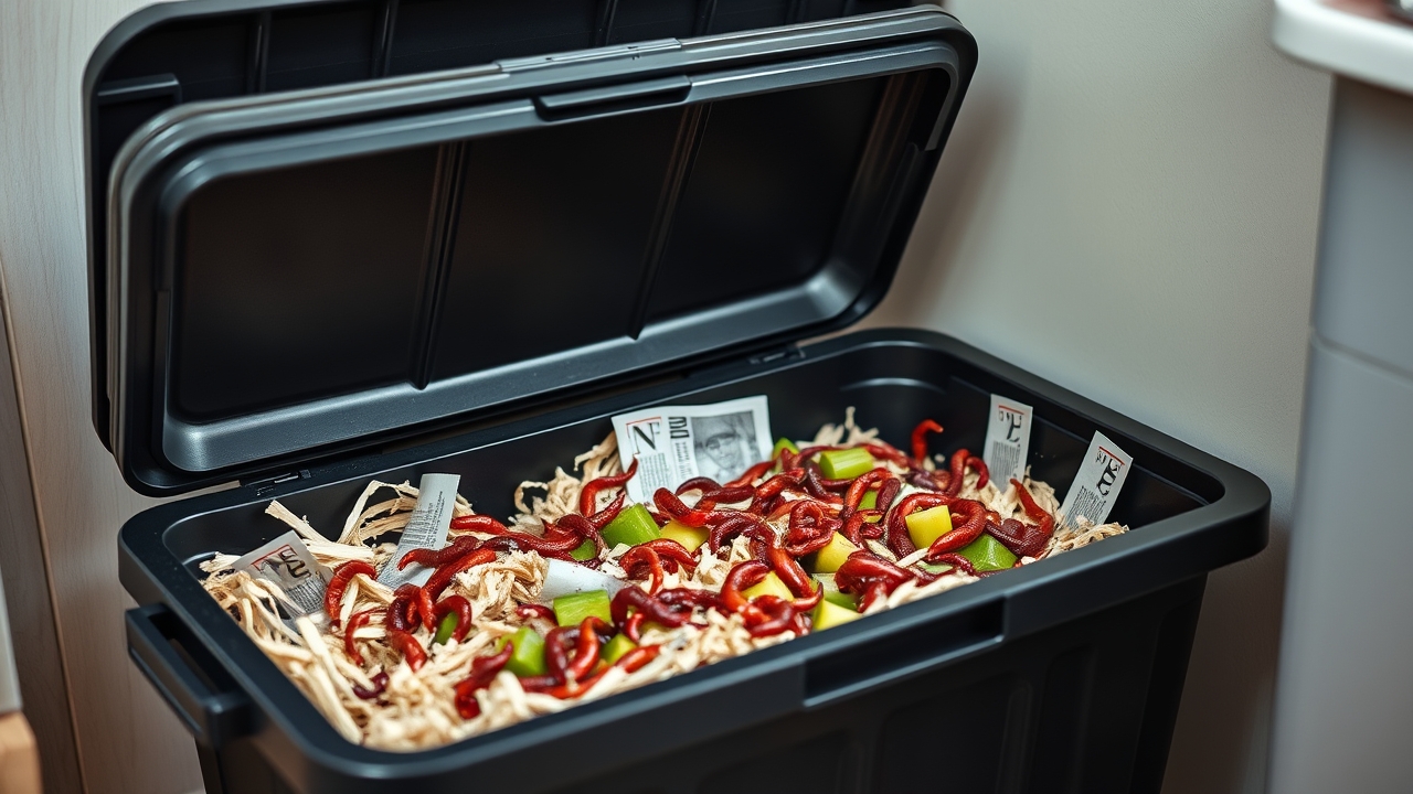 A tidy plastic worm composting bin with fresh vegetable scraps on bedding of shredded newspaper, red wiggler worms visible, clean indoor utility corner, honest scale